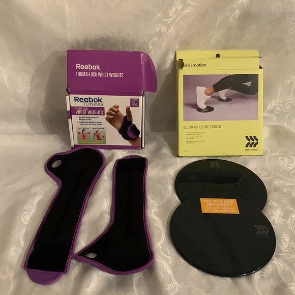 Workout set, Sliding Core Discs & Reebok toning Thumb lock wrist weights 1lbs. - Picture 1 of 11